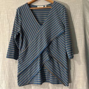 Hannah Top Criss Cross Layered Blue/Gray Striped Women’s Sz PXl